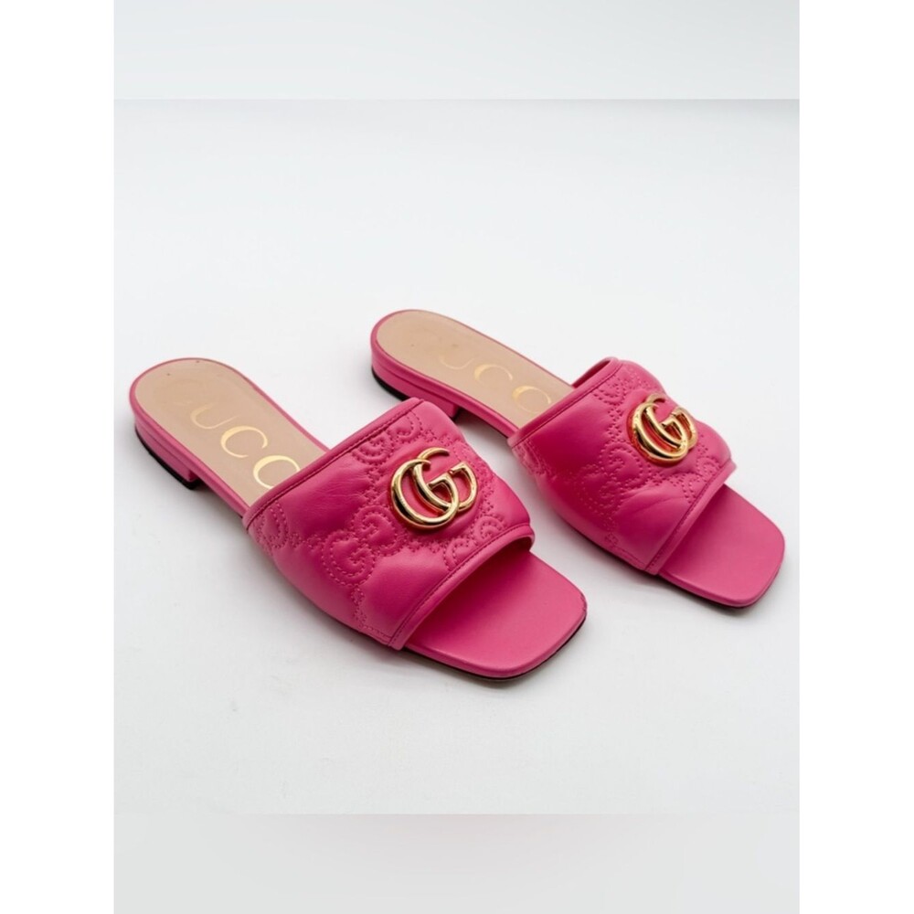 Gucci Jolie Marmont GG Matelassé Logo Slide Sandals Pink Leather Flats EU 37 US7